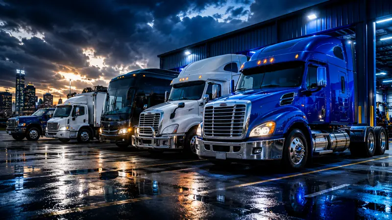 Fleet of trucks and buses at a maintenance yard