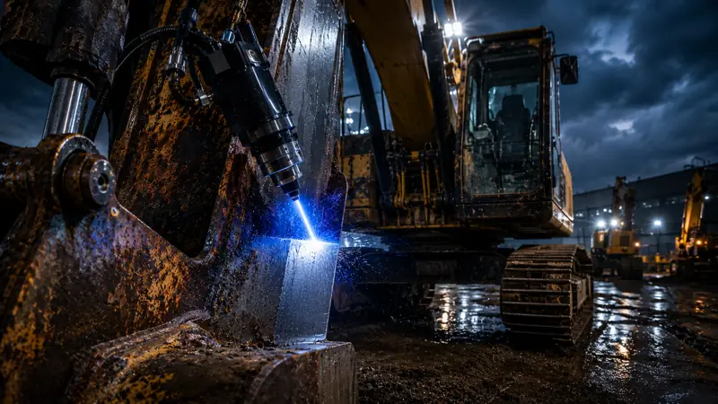 Laser removing rust from an excavator arm