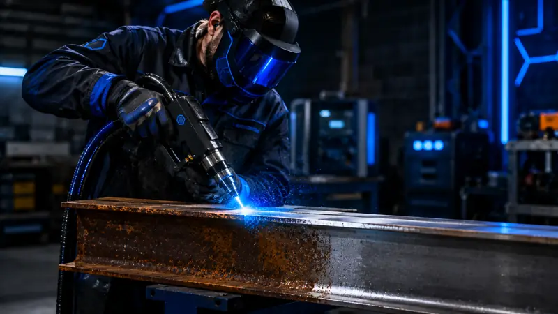 Technician laser cleaning rust from a steel beam